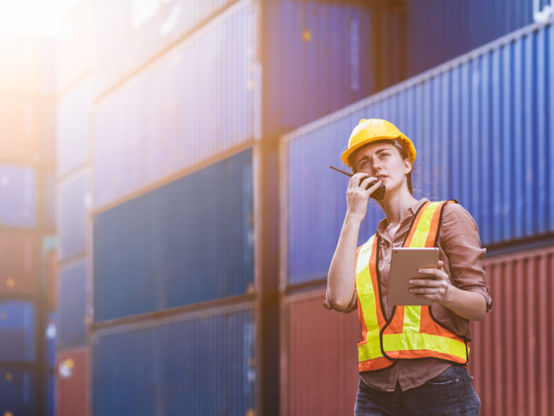 Smart,Creative,Engineer,Woman,Using,Digital,Tablet,Control,Loading,Containers