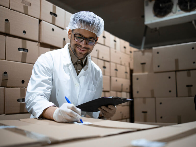 Factory,Worker,Wearing,Hairnet,And,Hygienic,Gloves,Preparing,Fresh,Food